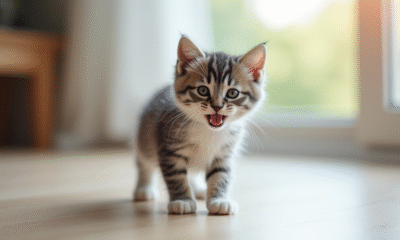 Chaton gris et blanc joyeux près d'une fenêtre