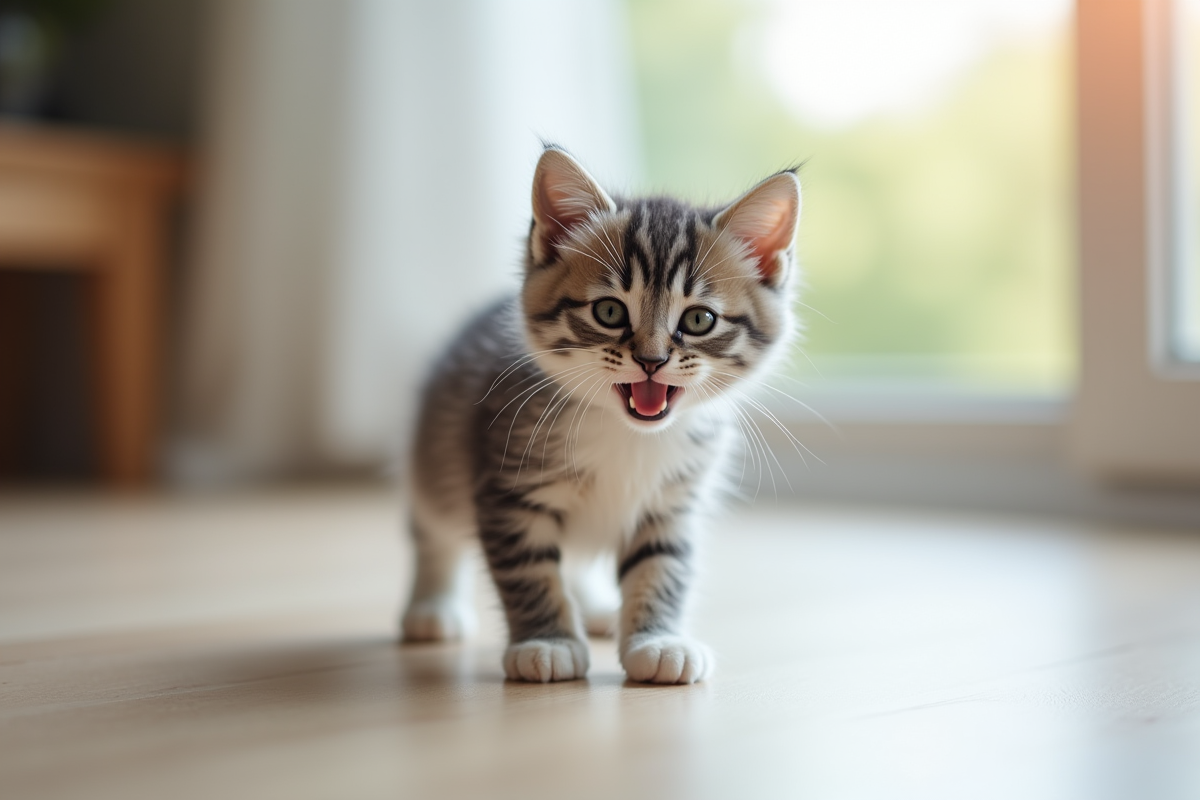 Chaton gris et blanc joyeux près d'une fenêtre