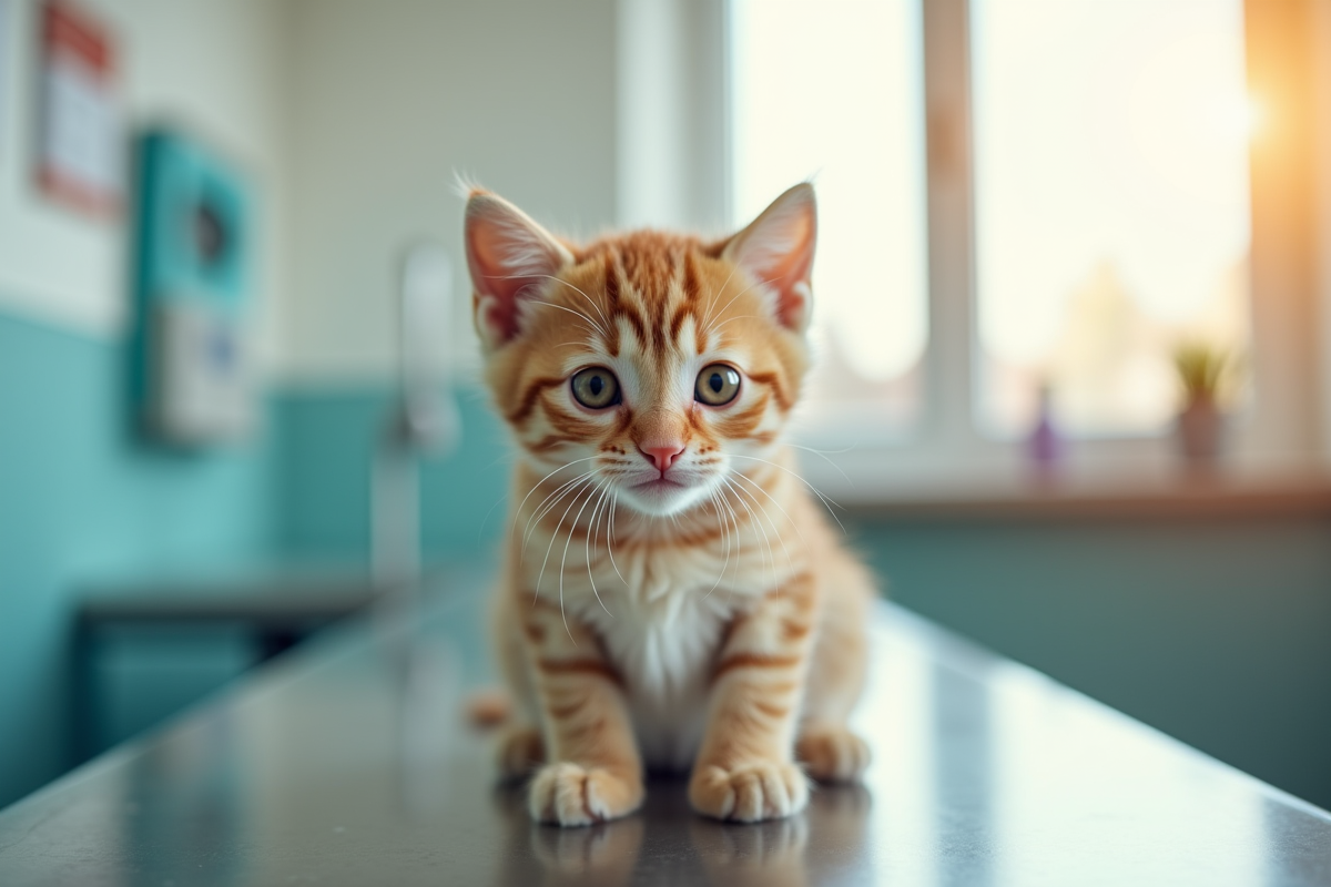 Chaton curieux dans une clinique vétérinaire lumineuse