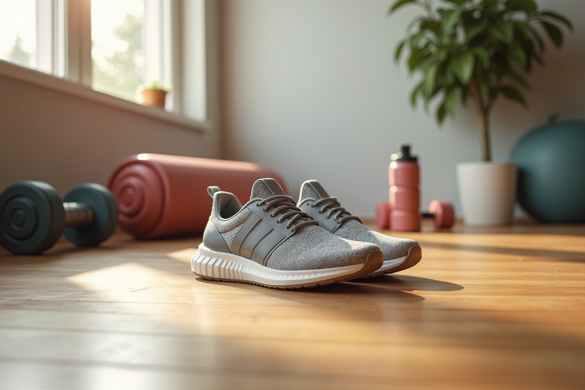 Paire de chaussures de sport sur un sol en bois avec accessoires de gym