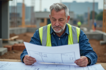Chef de chantier masculin en bleu sur site de construction
