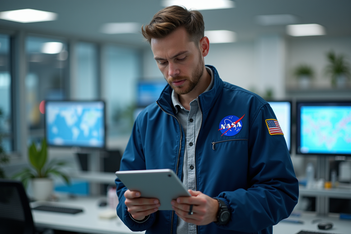Chercheur en laboratoire avec tablette et équipements scientifiques