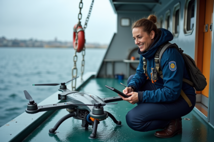 Chercheuse marine avec drone sous-marin sur le pont