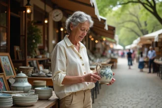 Femme examinant une cruche en céramique ancienne sur un stand de brocante en plein air dans les Yvelines