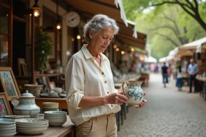 Femme examinant une cruche en céramique ancienne sur un stand de brocante en plein air dans les Yvelines