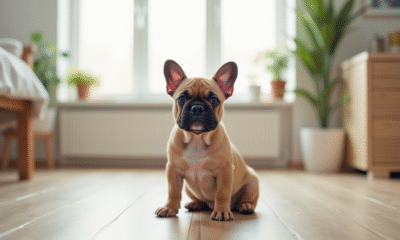 Jeune chiot bulldog francais assis sur un sol en bois clair