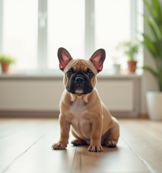 Jeune chiot bulldog francais assis sur un sol en bois clair