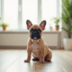 Jeune chiot bulldog francais assis sur un sol en bois clair