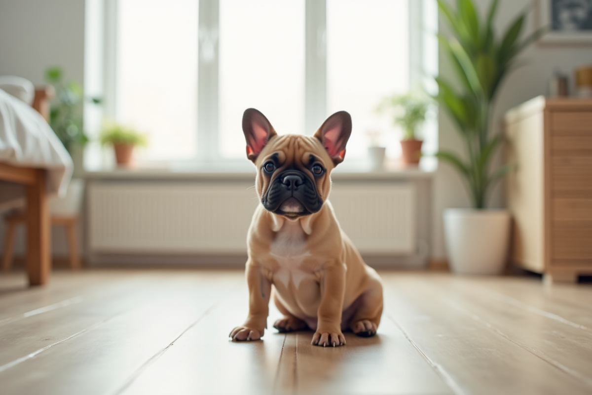 Jeune chiot bulldog francais assis sur un sol en bois clair
