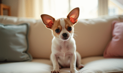 Chiot chihuahua assis sur un canapé lumineux et cosy