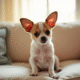 Chiot chihuahua assis sur un canapé lumineux et cosy