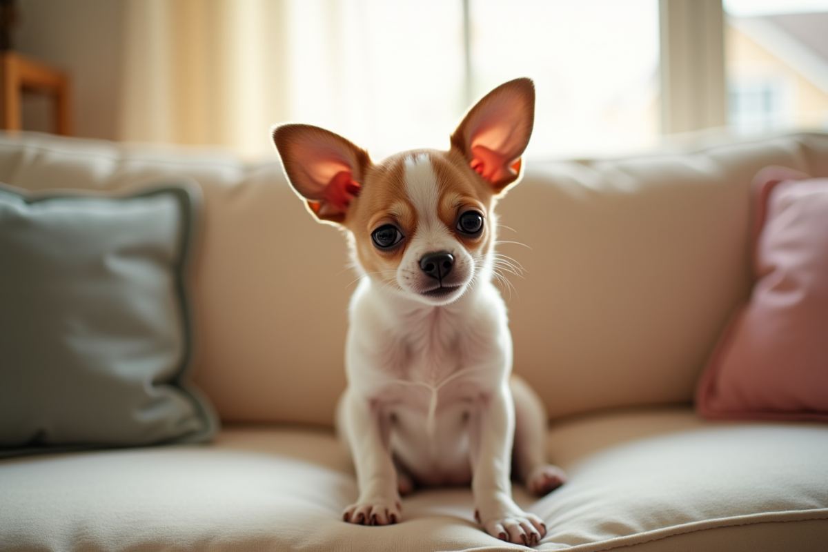 Chiot chihuahua assis sur un canapé lumineux et cosy