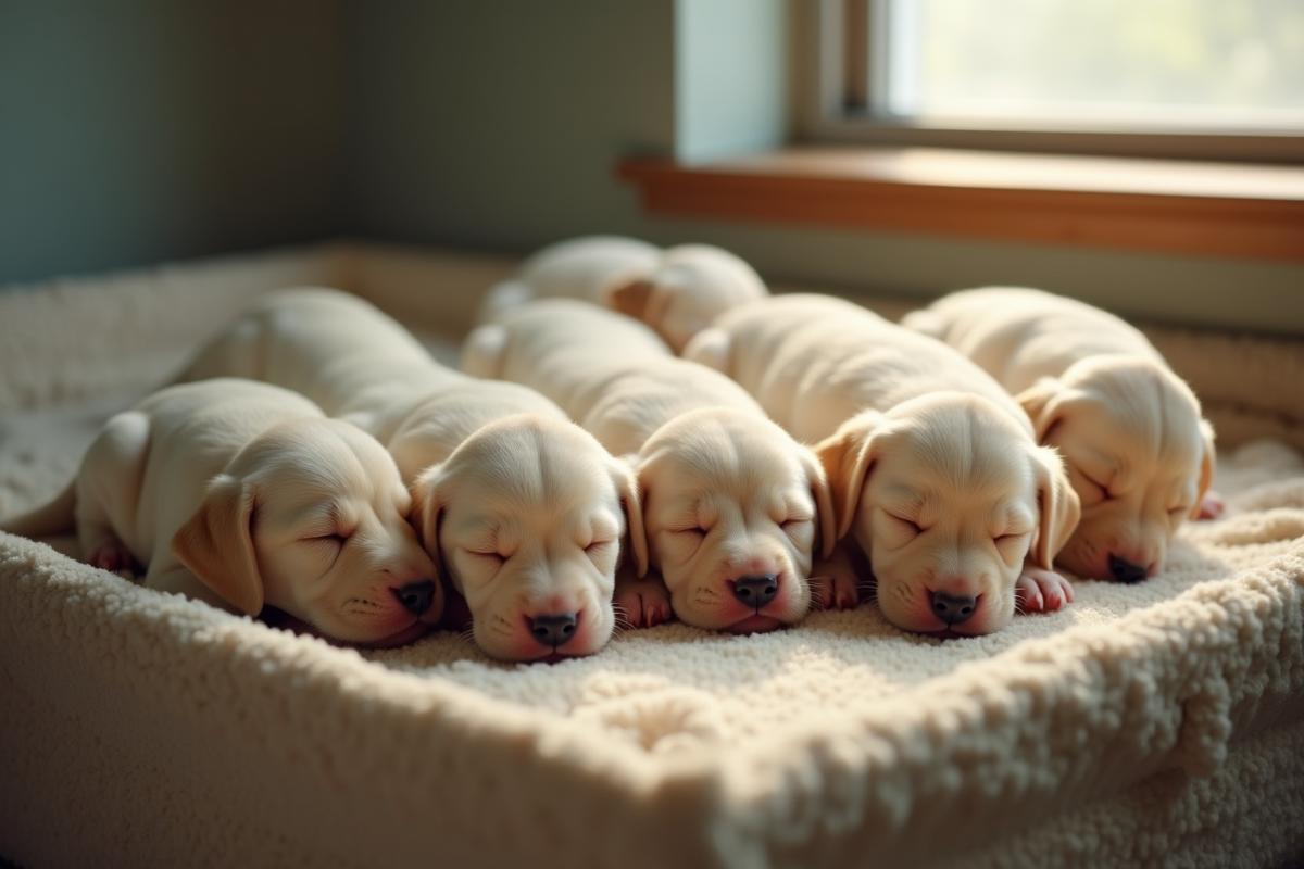 Plusieurs chiots labrador dormant dans un box douillet