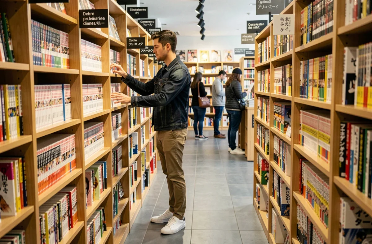 Homme choisissant un manga dans une librairie spécialisée avec des rayons organisés par genre