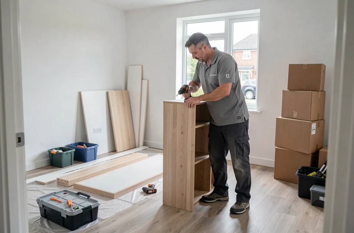Technicien CHSERVICES assemblant une armoire avec une perceuse sans fil dans une chambre vide après un déménagement