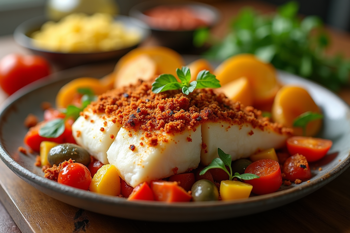 Cod cuit au four avec chorizo et légumes colorés