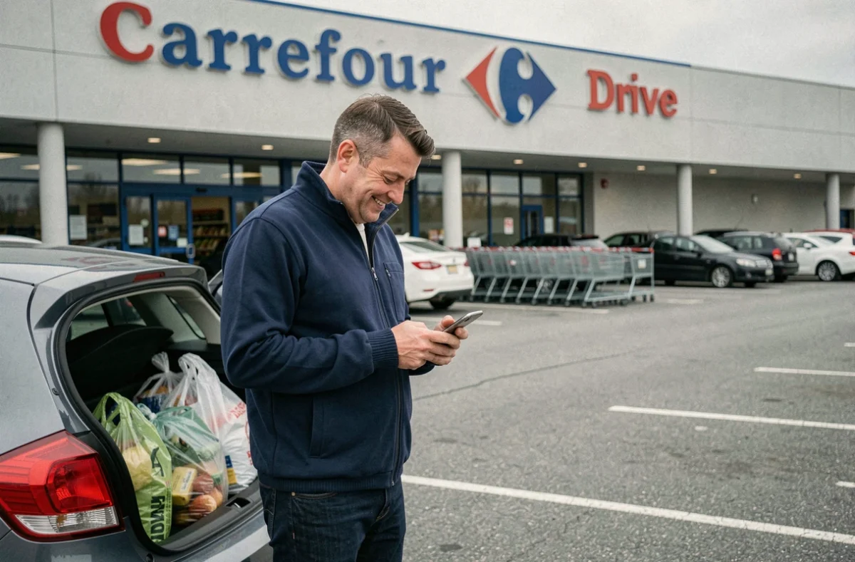 Homme vérifiant un code promo Carrefour Drive sur son téléphone dans un parking de supermarché