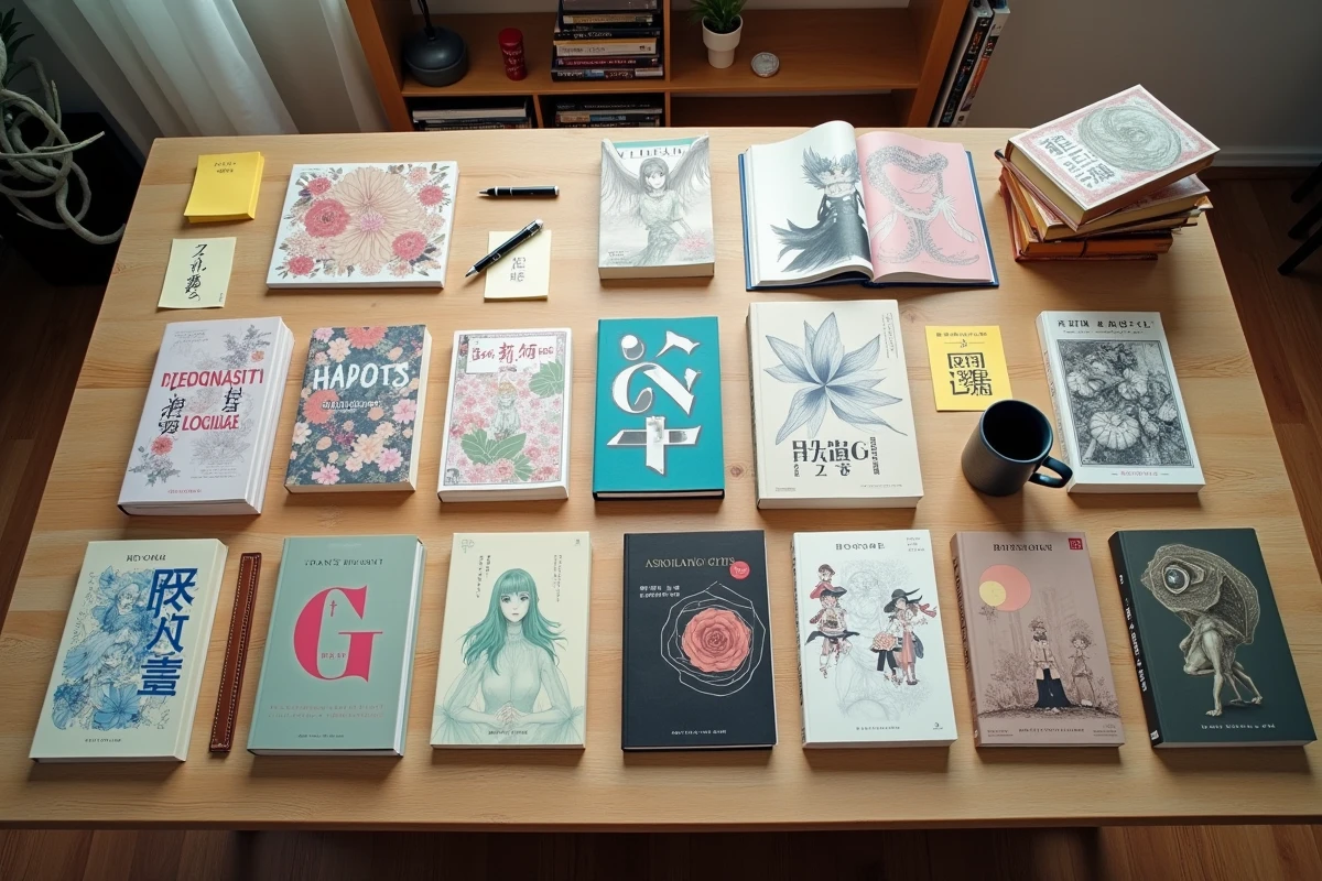 Collection de mangas shojo seinen et josei disposés en flat-lay sur une table en bois avec notes manuscrites