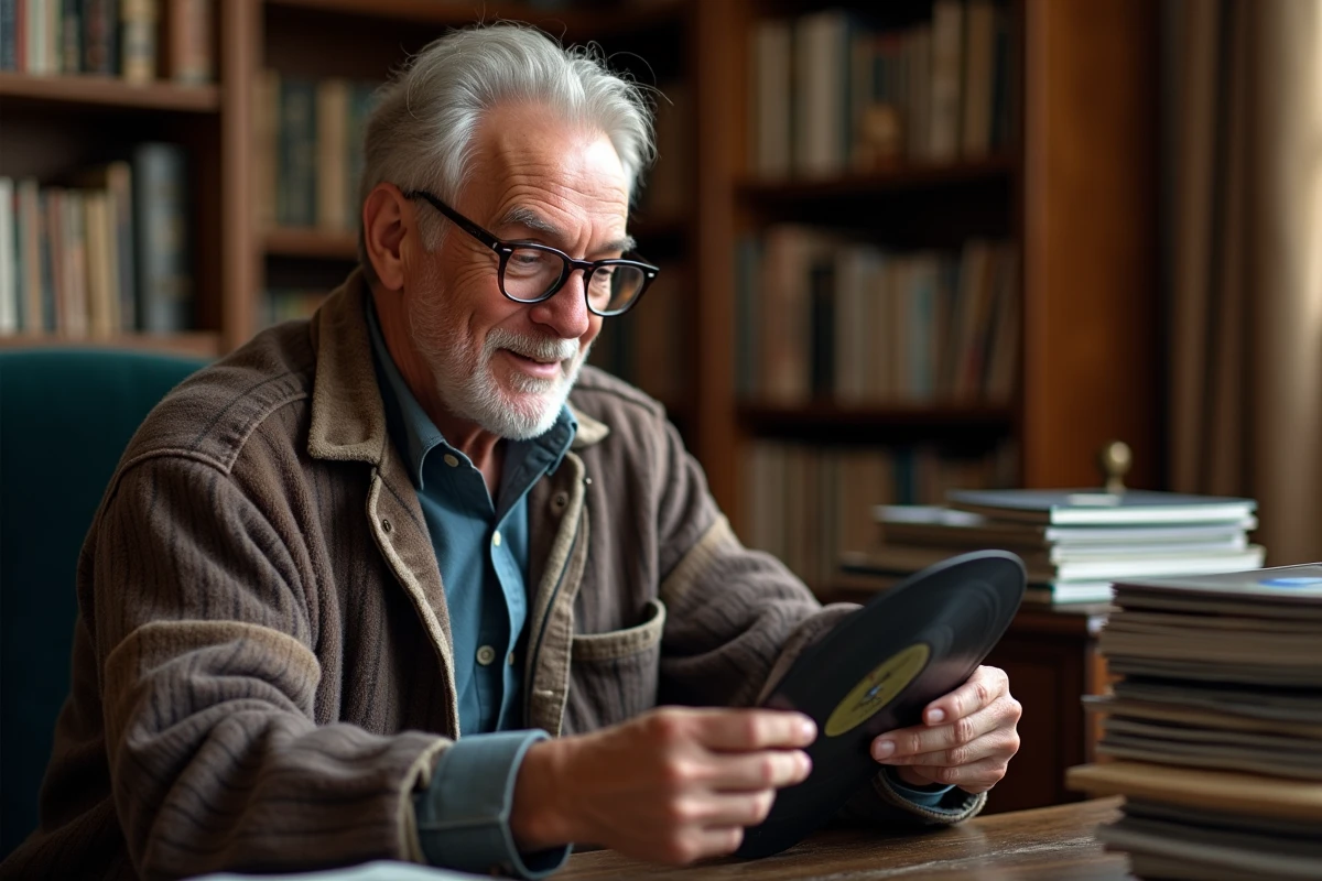 Homme d'âge mûr examinant un disque 78 tours dans une bibliothèque à domicile chaleureuse et nostalgique