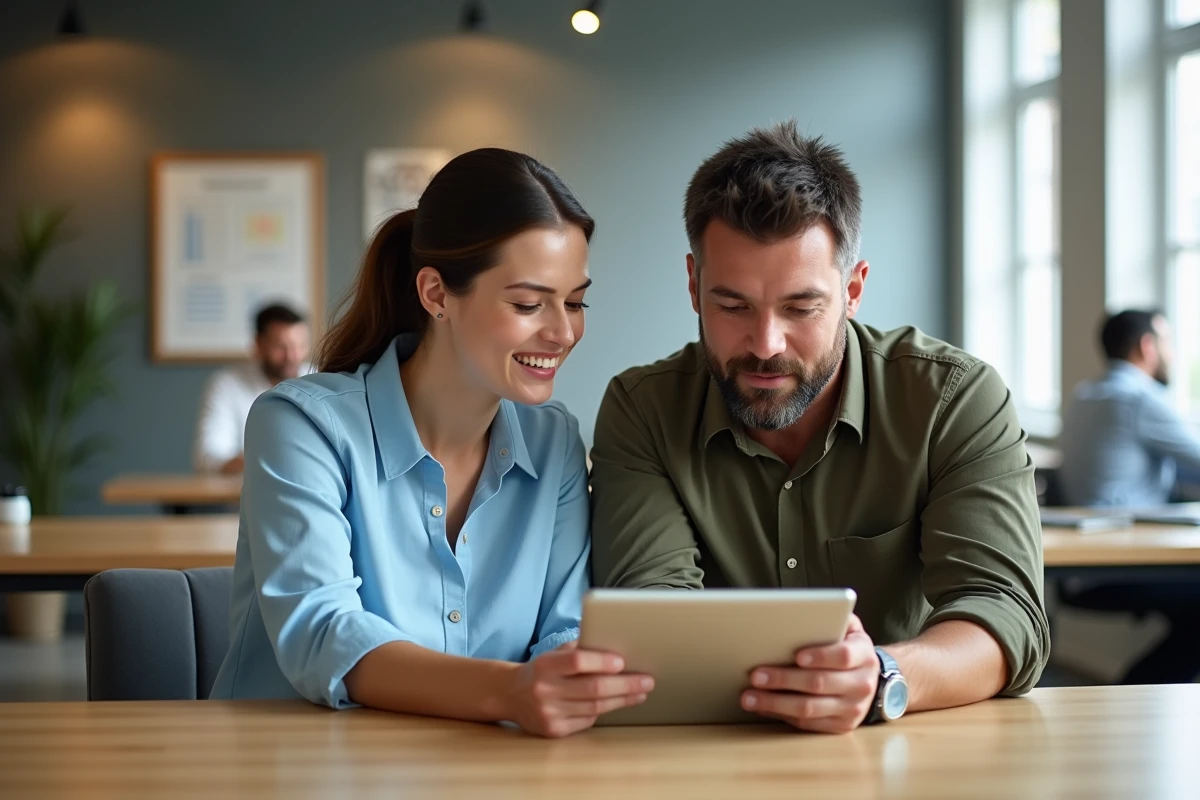 Deux collègues consultant un modèle de lettre administrative sur tablette dans un espace de coworking