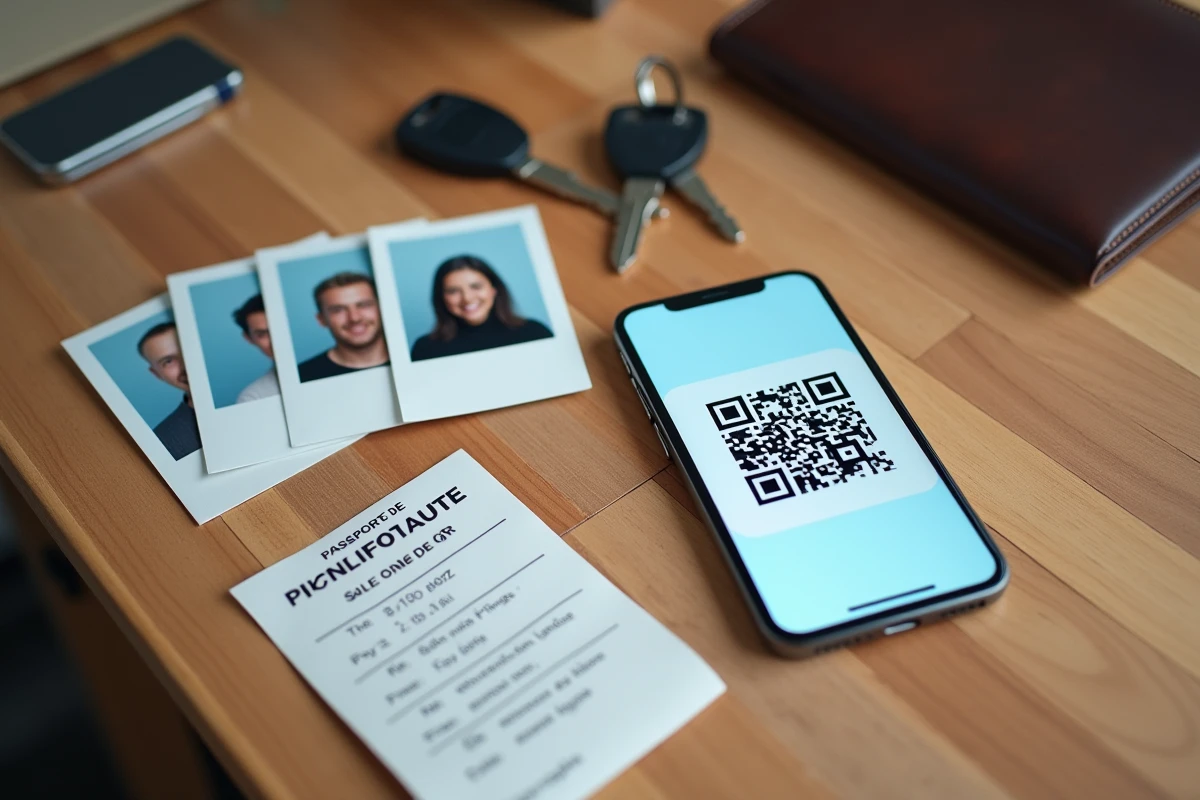 Comparaison entre des photos d'identité papier imprimées et une e-photo numérique sur smartphone avec reçu de prix