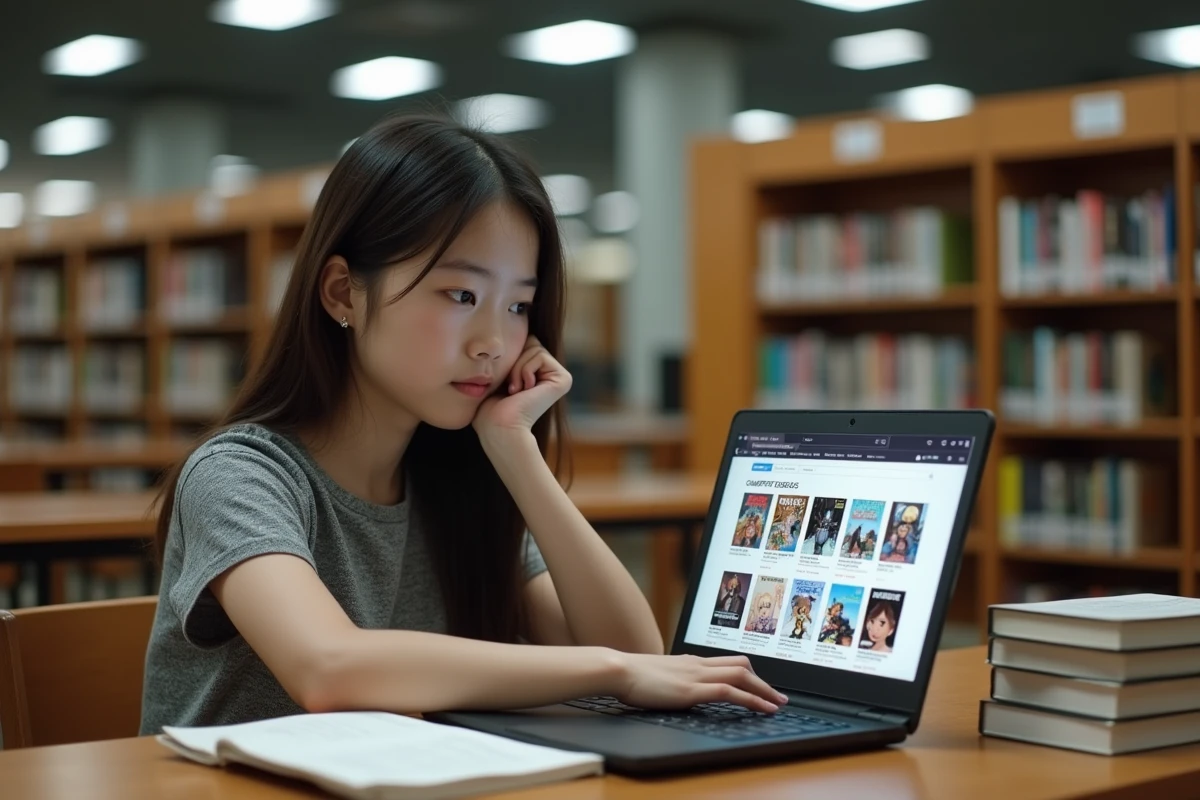 Adolescente comparant un site de scantrad sur ordinateur avec des volumes de manga physiques dans une bibliothèque