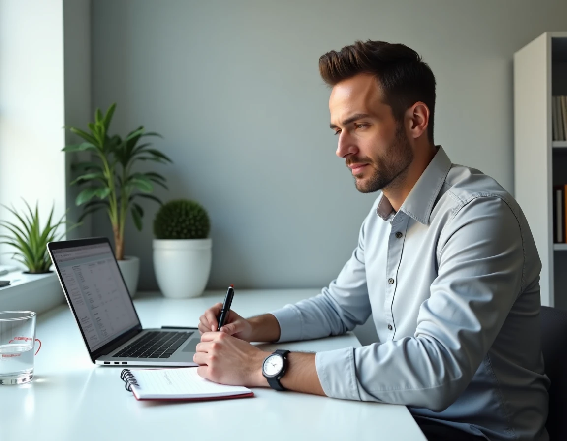 Homme prenant des notes sur la conversion de millilitres en litres à son bureau avec un tableau de conversion affiché sur ordinateur