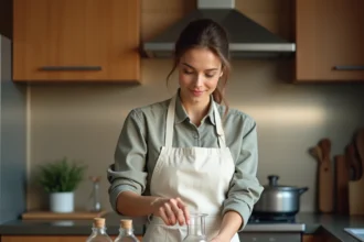 Femme mesurant un liquide dans un cylindre gradué en verre dans une cuisine rustique pour illustrer la conversion ml en l