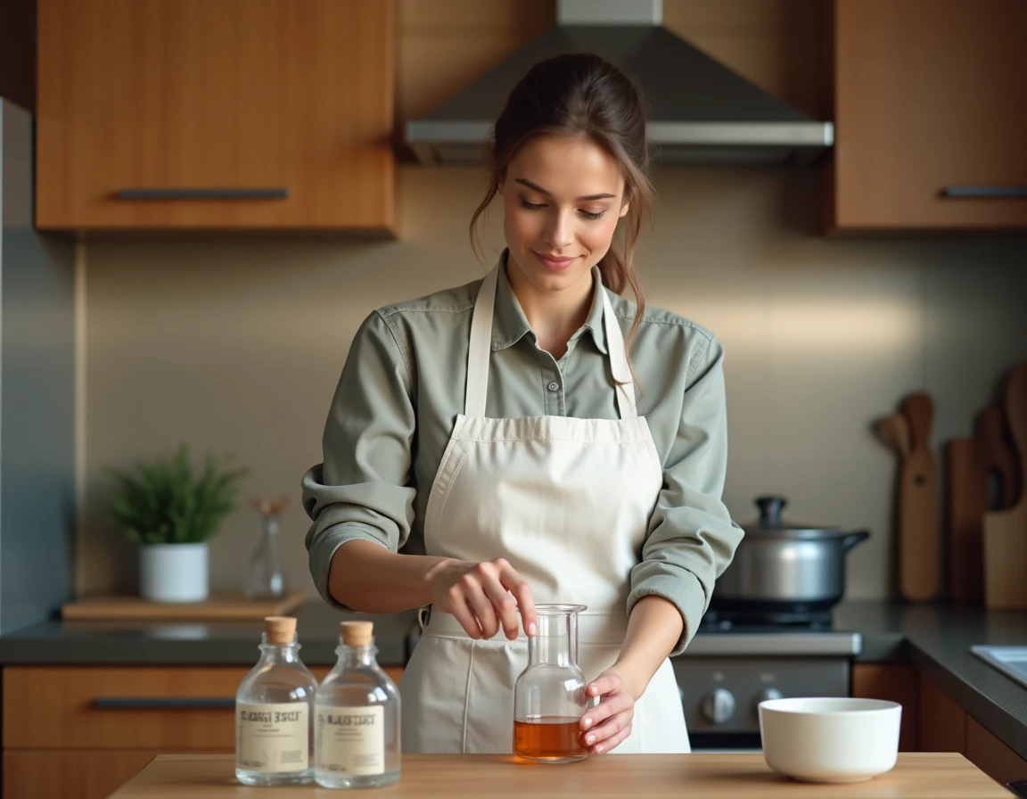 Femme mesurant un liquide dans un cylindre gradué en verre dans une cuisine rustique pour illustrer la conversion ml en l