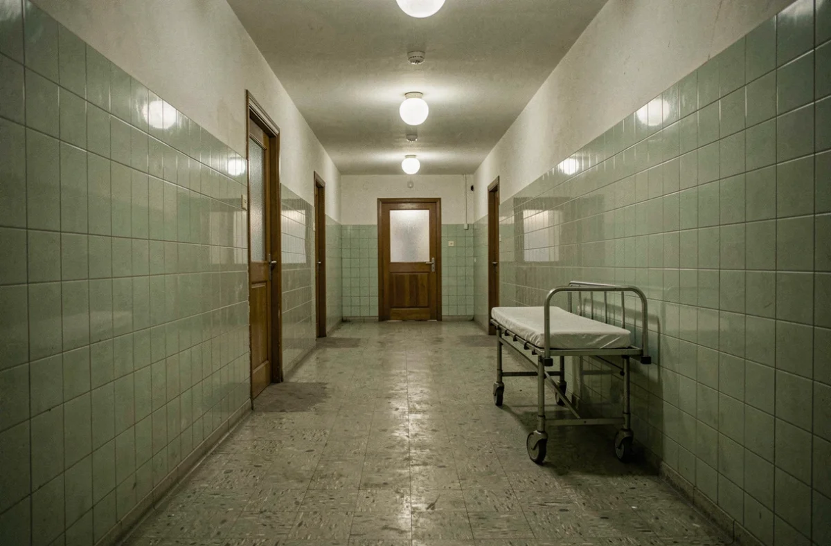 Couloir d'hôpital égyptien vide des années 1970 évoquant le séjour médical du Shah d'Iran au Caire