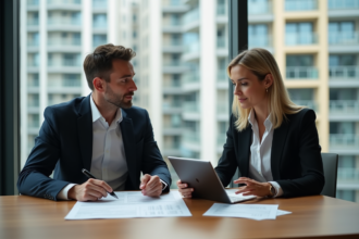 Couple d'affaires examinant des documents immobiliers