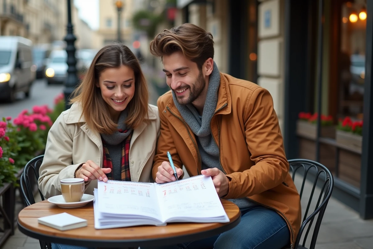 Couple consultant un calendrier de mai 2026 en terrasse de café parisien pour planifier des week-ends prolongés