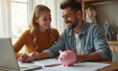 Jeune couple à la cuisine vérifiant leurs finances