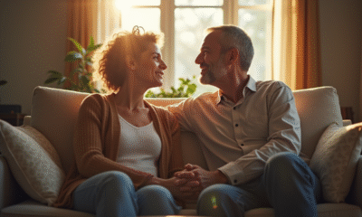 Couple d'âge moyen assis sur un sofa lumineux