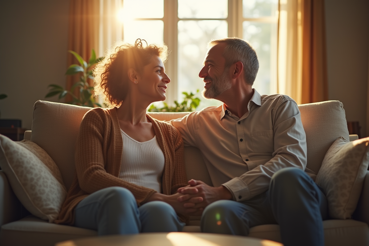 Couple d'âge moyen assis sur un sofa lumineux