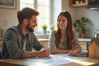 Jeune couple souriant à la maison avec papiers et maquette