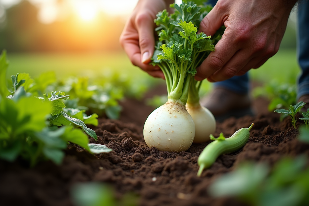 Mains récoltant daikon et haricots nains au matin