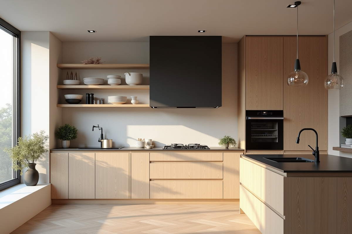 Cuisine nordique moderne avec meubles en bois clair et éclairage naturel