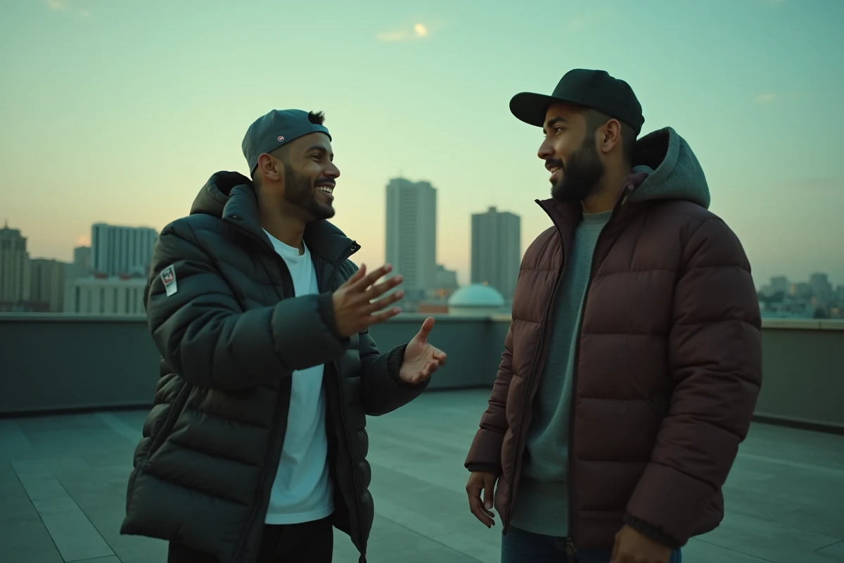 Deux rappeurs en plein freestyle sur un rooftop urbain illustrant la culture du rap et les duels d'ego trip