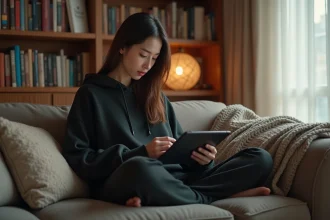 Jeune femme lisant un webtoon sur tablette dans un salon cosy entouré de mangas et romans fantasy