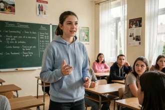 Jeune déléguée de classe s'adressant à ses camarades dans une salle de cours au lycée lors de la rentrée 2026