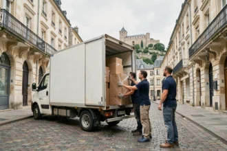 Équipe de déménageurs professionnels chargeant un camion blanc dans une rue pavée de Besançon avec la Citadelle en arrière-plan