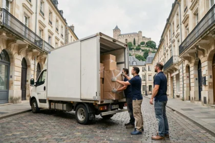Équipe de déménageurs professionnels chargeant un camion blanc dans une rue pavée de Besançon avec la Citadelle en arrière-plan