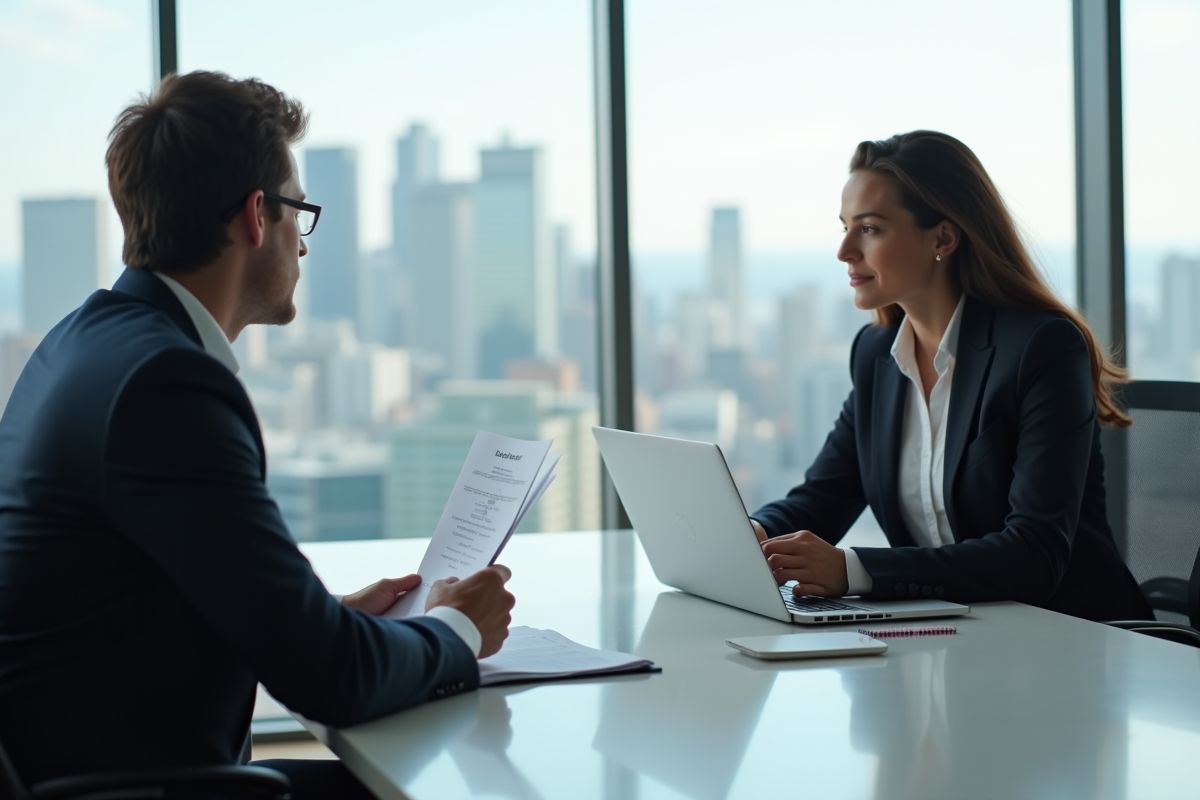 Discussion entre un employe et un manager dans un bureau lumineux