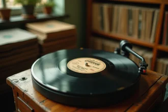 Disque vinyle 78 tours sur une platine ancienne dans une boutique de disques vintage aux tons sépia