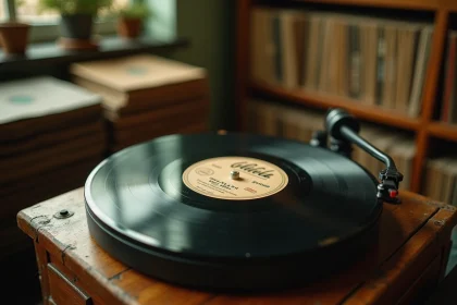 Disque vinyle 78 tours sur une platine ancienne dans une boutique de disques vintage aux tons sépia