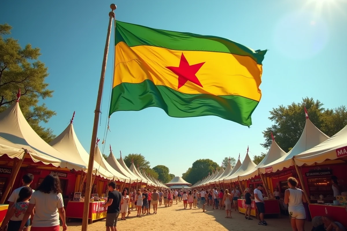 Grand drapeau jaune et vert avec étoile rouge flottant sur un mât lors d'un festival en plein air animé