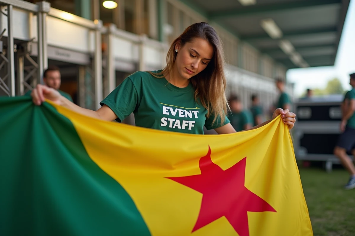 Bénévole tenant un drapeau jaune et vert à étoile rouge lors des préparatifs d'un événement festif