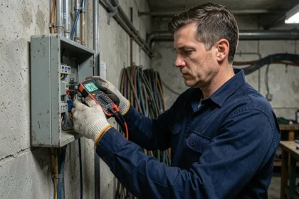 Électricien utilisant un multimètre numérique pour tester la continuité d'un circuit sur un tableau électrique mural