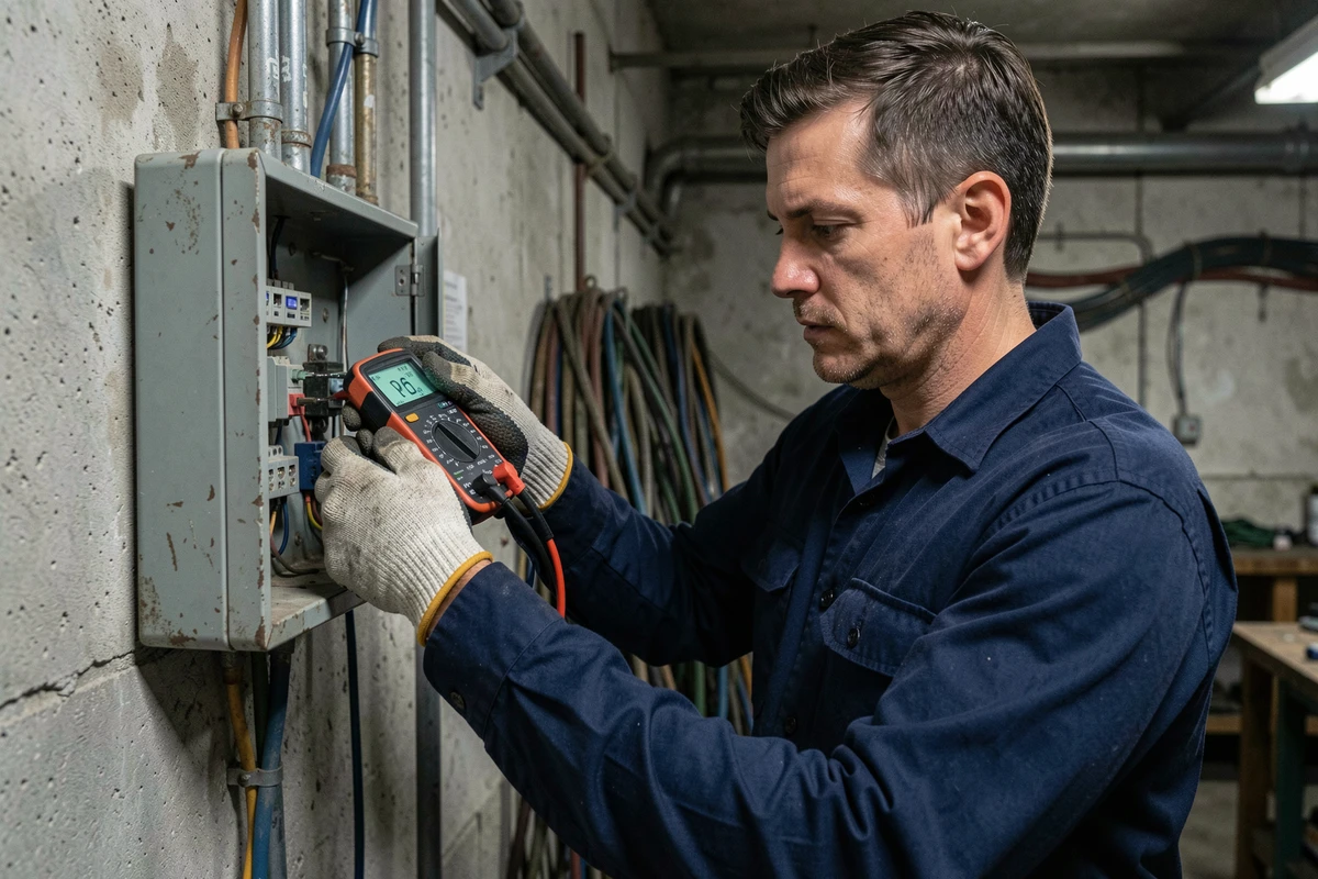 Électricien utilisant un multimètre numérique pour tester la continuité d'un circuit sur un tableau électrique mural